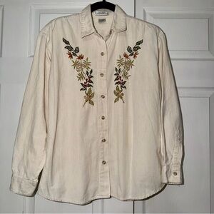 Maggie&Max Vintage Long Sleeve Collard Button Down Shirt with Floral Embroidery